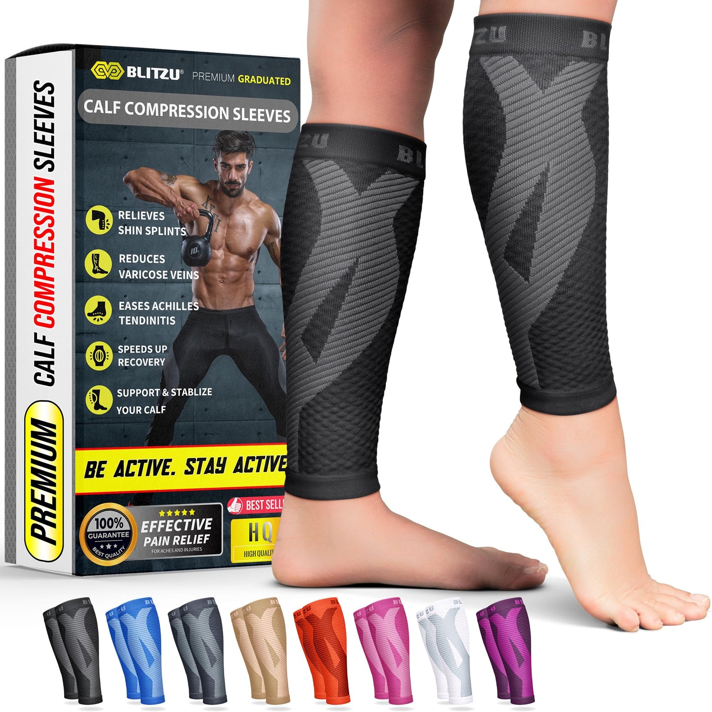 BLITZU Calf Compression Sleeve for Women and Men, Shin Splint Sleeves for Varicose Veins, Nursing, Pregnancy, Running, Footless Compression Socks Support for Calf Muscle Pain Relief Black S-M
