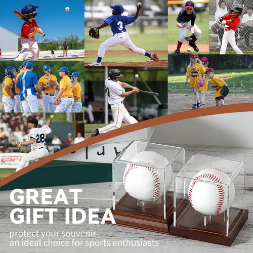 Yandino Baseball Display Case Acrylic Clear Cube Baseball Holder with Wooden Stand Memorabilia Showcase Autograph Ball Display Box UV Protected Wood Base Case for Balls