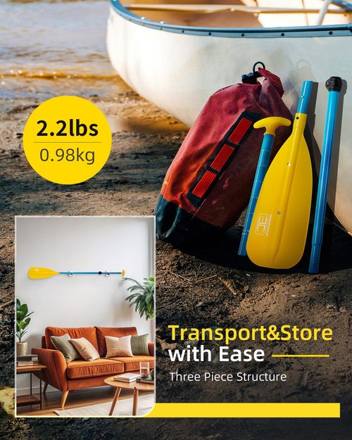 OCEANBROAD Canoe Paddle, Adjustable from 4'3''to 5'3''/130cm to 160cm Aluminum Shaft with Plastic Blade for Canoeing Boating Kayaking, 3-Piece Floatable Oar, Yellow-1 Pack