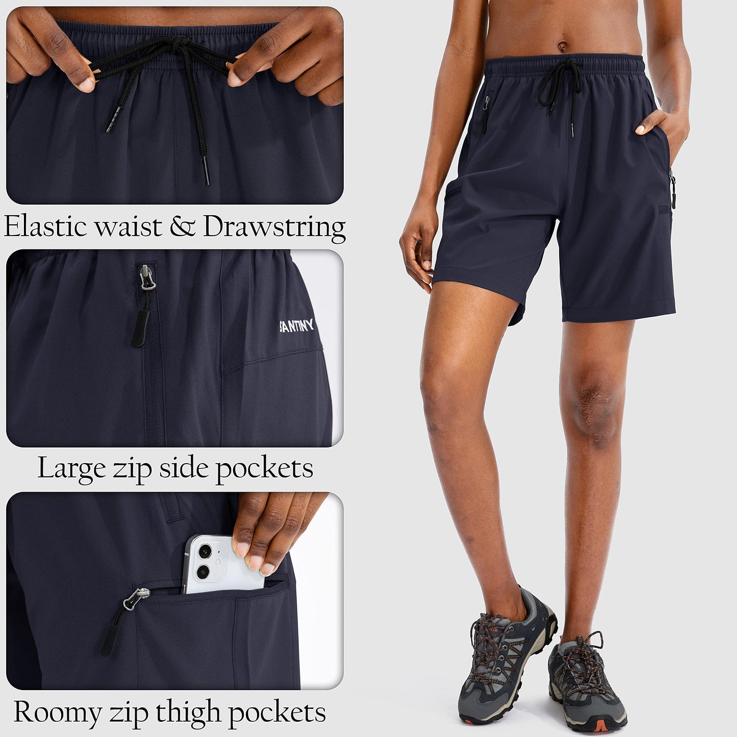 SANTINY Women's 5''/ 7''/9'' Hiking Cargo Shorts Quick Dry Lightweight Summer Shorts for Women Athletic Golf Zipper Pockets(Navy_XXL)