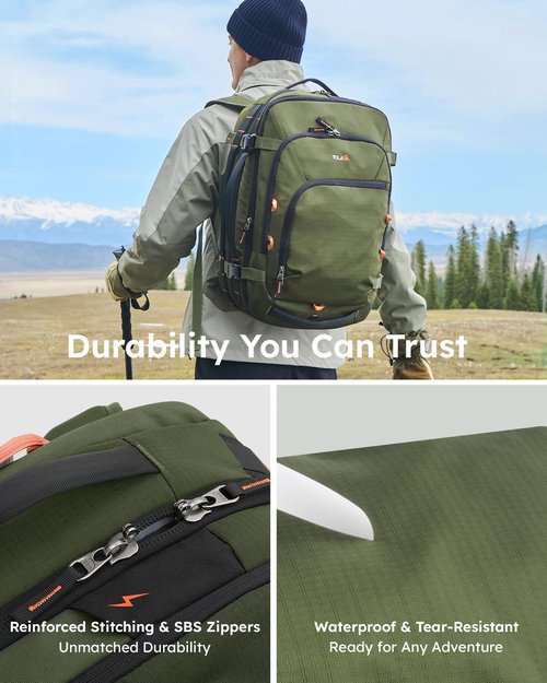 Tolaccea Travel Backpack, TSA Friendly Flight Approved Carry-on Luggage Water-resistant Business Rucksack, Durable Large Computer Bag Daypack Fits 15.6 Inch Laptop, 35-45L Expandable - Green