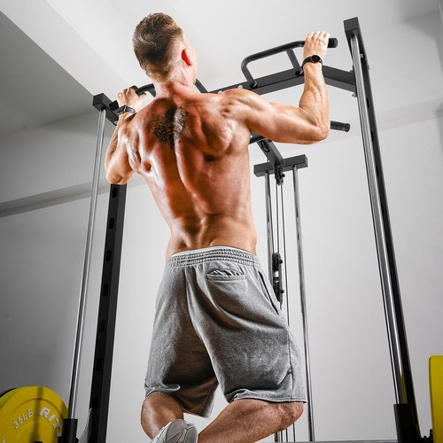 RitFit Smith Machine Power Rack with LAT-Pull Down System, Landmine, Barbell Bar, Plate Storage Pegs and More Training Attachment (Smith Machine 1.0), Black