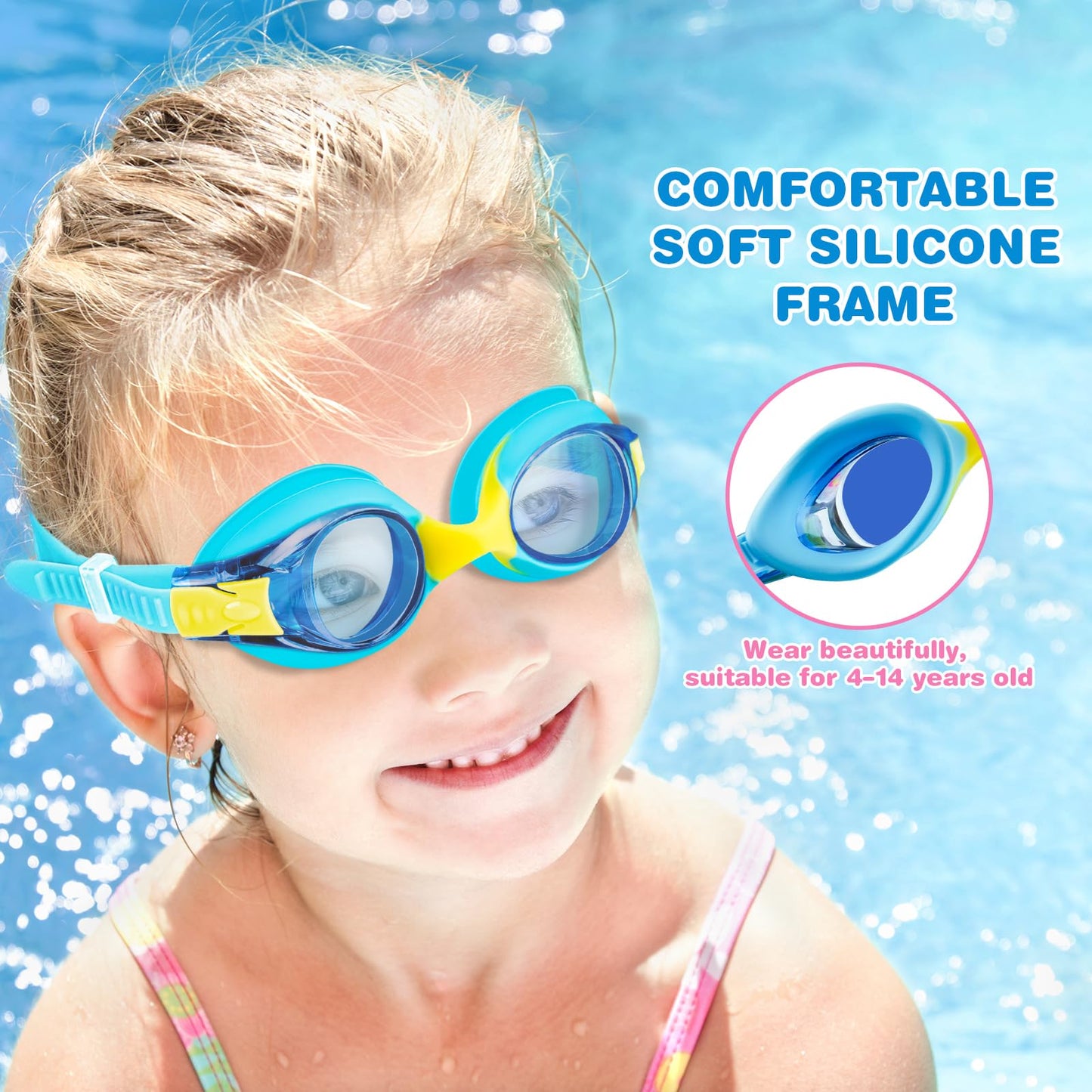 FOGULO 4 Pack Kids Swim Goggles 4-14, Anti-Fog Swimming Goggles with UV Protection and Adjustable Bungee Strap, Boy and Girl Waterproof Goggles with Nose Clips and Earplugs for Pool