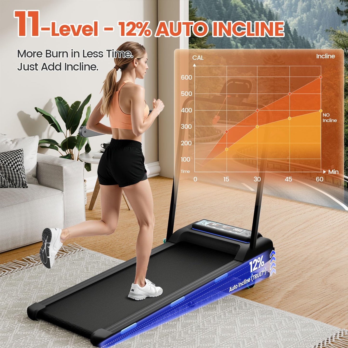 Trygoal Treadmill with 12% 11-Level Auto Incline, Walking Pad with Handle Bar, 450 lbs Capacity, Under Desk Foldable Treadmills with Bluetooth Speaker, Powerful Walking Pad for Home, APP Connect