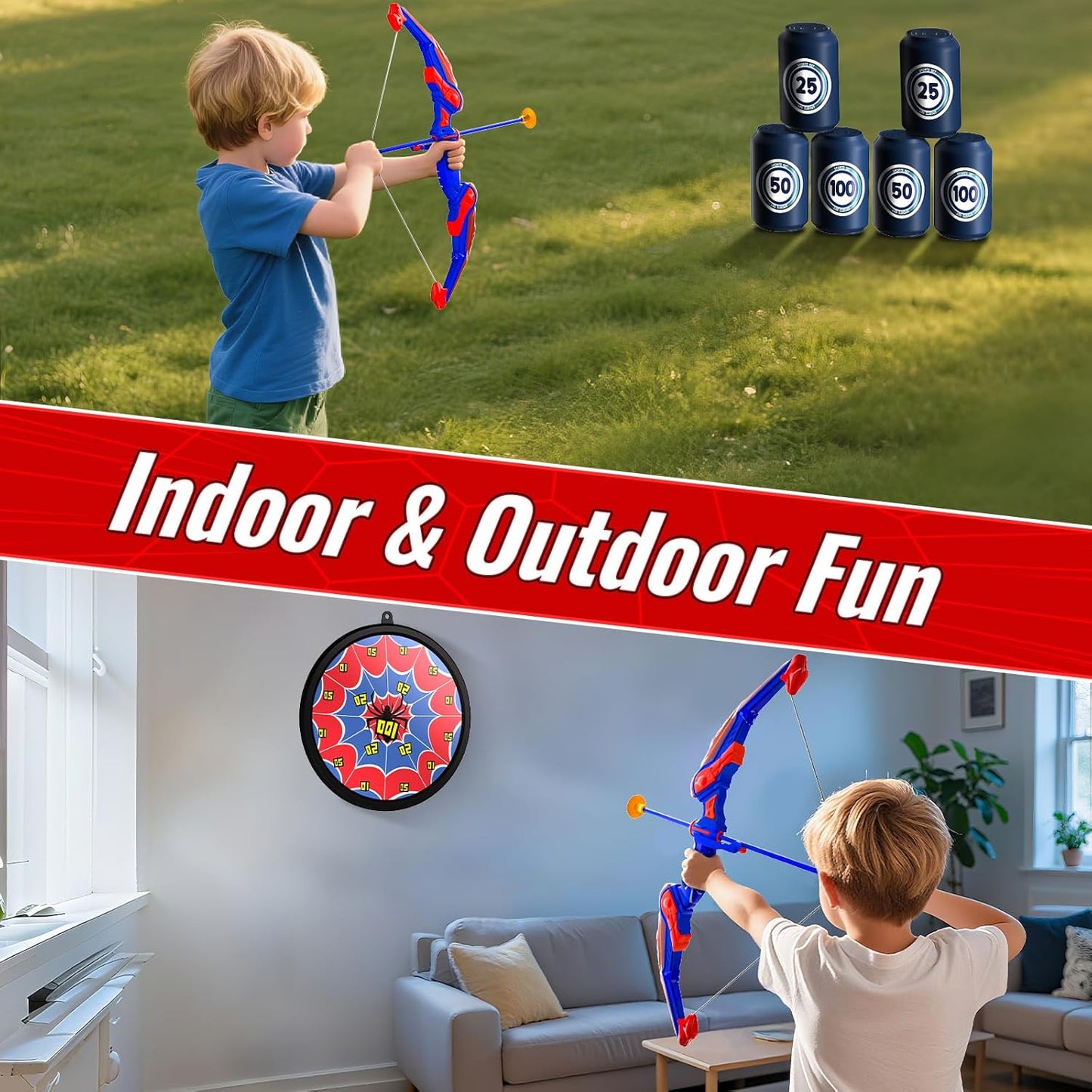 Kids Bow and Arrow Set, Led Light Up Bow and Arrow for Kids, Archery Set with Quiver & Web Target, 10 Suction Cup Arrows & Another 3 Target Cans, Outdoor Games for 4-6 8-12 Year Old Boys