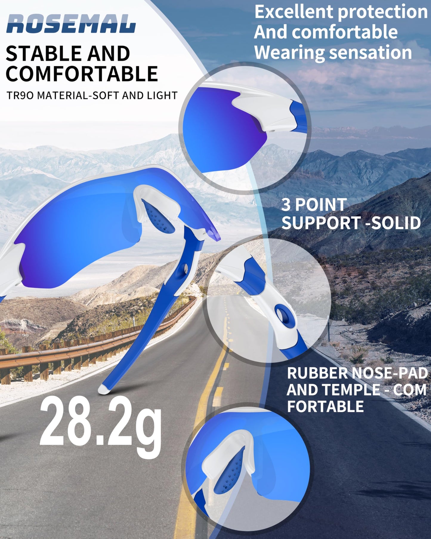 Rosemal Sunglasses Men Polarized Sports UV400 Protection TR90 Frame for Running Cycling Baseball Golf Tennis Hiking Fishing Driving