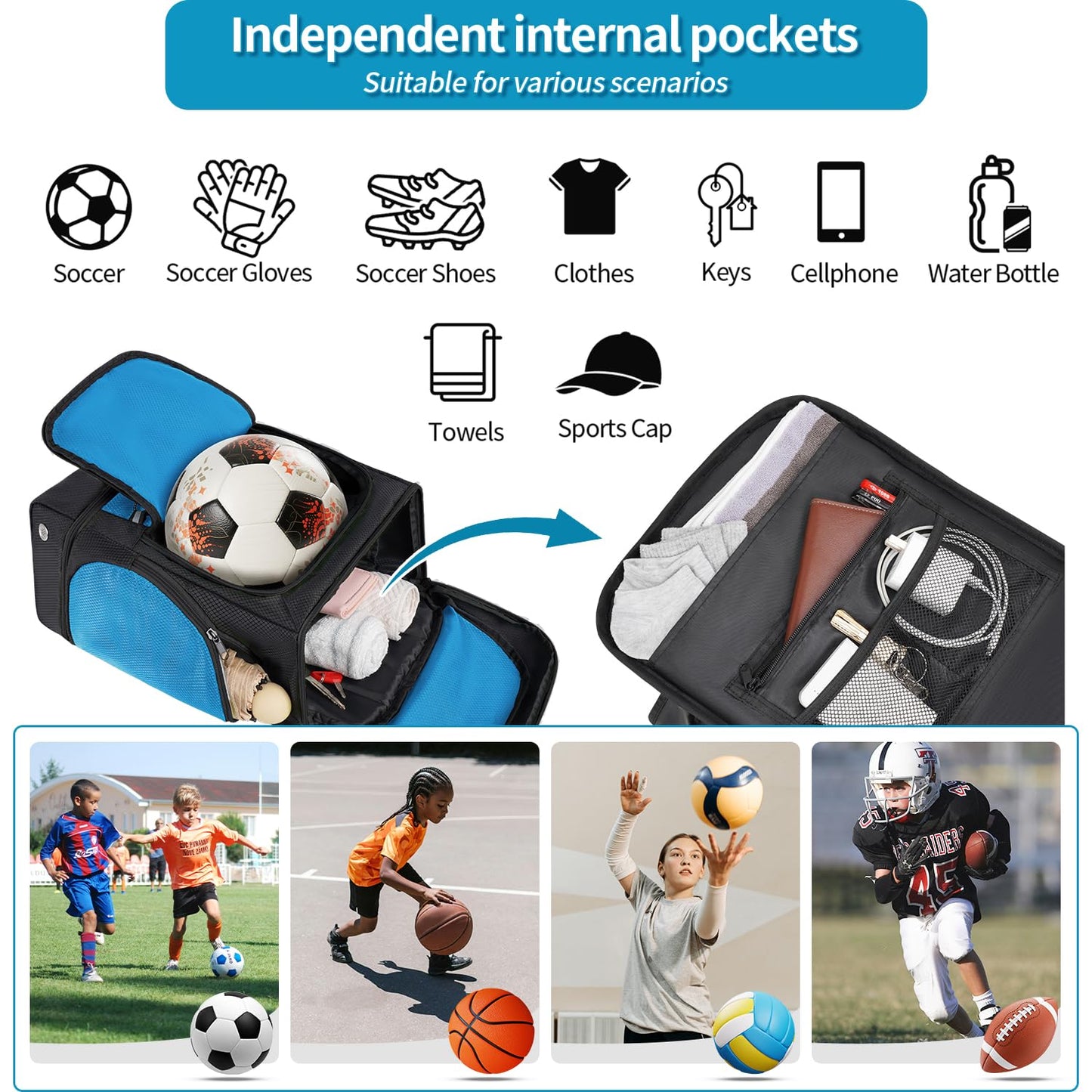 Ciihars Soccer Backpack,Soccer Bag with Ball Holder,Sport Equipment Bags Includes Separate Cleat Shoe and Ball Compartment Fit Basketball Volleyball Football (sport soccer bag 2025 BLUE)