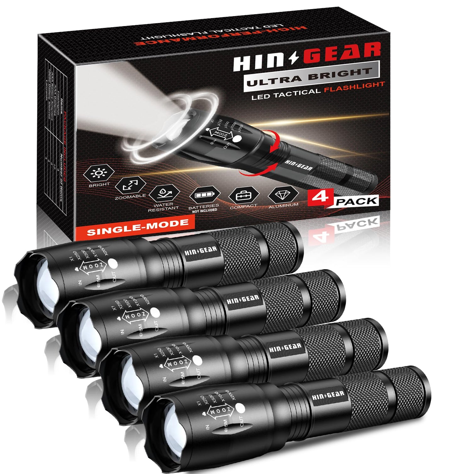 HinsGEAR 1 Mode Flashlights 6 Pack, Bright Zoomable LED Tactical Flashlight High Lumens, Water Resistant Portable Pocket Flash Light for Emergency, Camping Essentials, Gift - SL2000