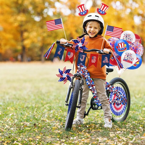 4th of July Bike Decorations Patriotic Bike Decor Set I LOVE USA Sign Banner, Hanging Paper Fans, Tinsel Garland, Streamers, Flags, Balloon for Independence Day Kids Bike Parade Party Favor
