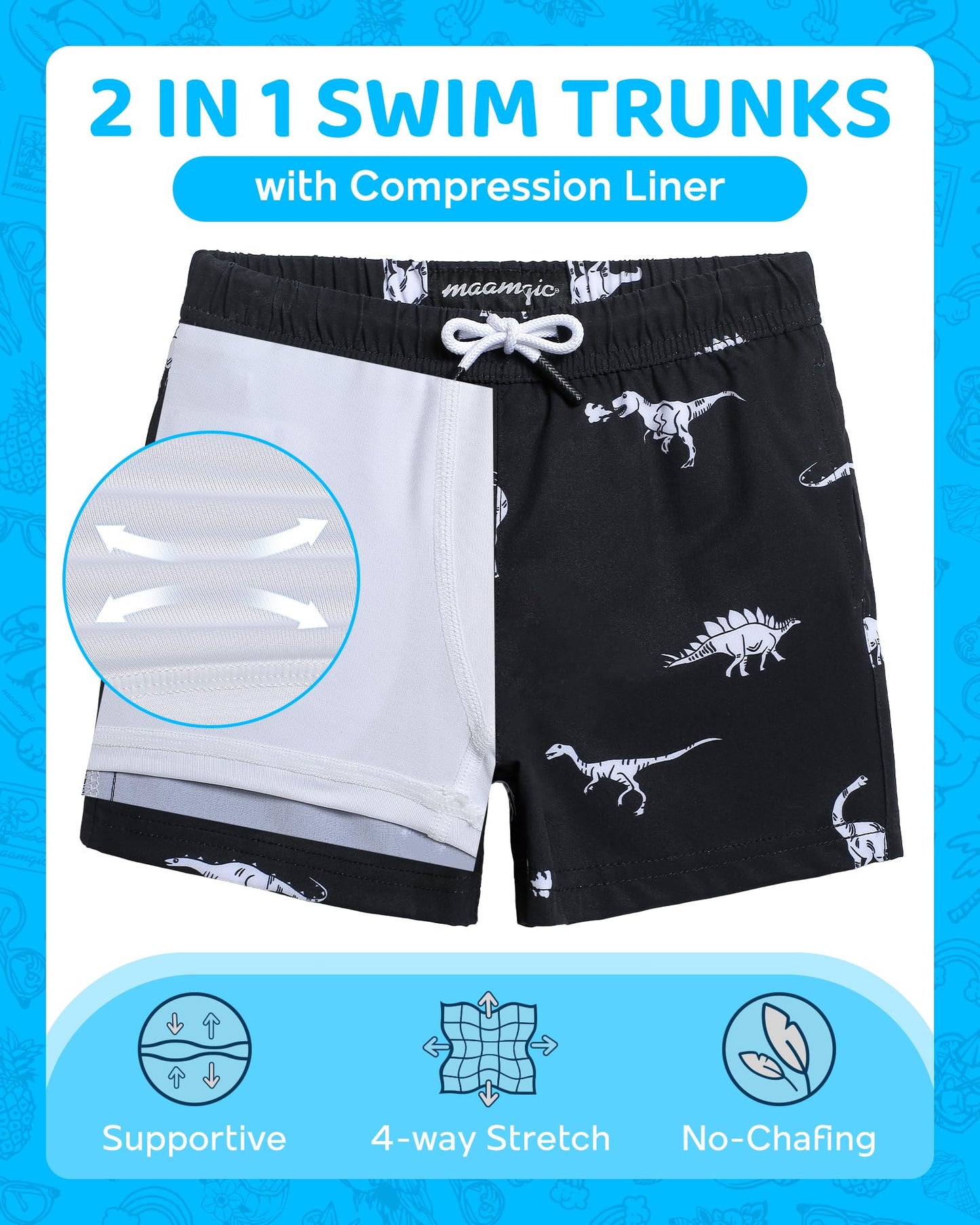 maamgic Boys Swim Trunks with Compression Liner 4-Way Stretch Quick Dry Swim Shorts Swimming Trunks Toddler Boy Dinosaur Black 7 Years