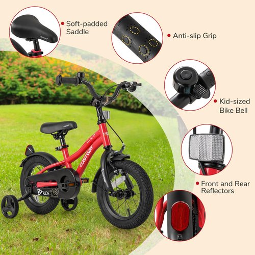 COSTWAY 12 Inch Kids Bike, Children Toddler Bicycle with Training Wheels, Adjustable Seat & Handlebar, Handbrake & Coaster Brake, Reflectors, Bell, Suitable for 3-8 Years Old Boys Girls, Red