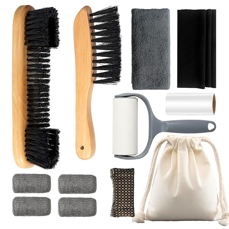LAKINGO 12 Kit Pool Table Brush Set with 2 Wooden Brushes, Cloths, Lint Roller & Storage Bag – Natural+12