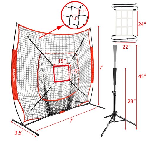 BaseGoal 7'×7' Baseball Softball Practice Net,Baseball Backstop,with Batting Tee,for Hitting Pitching Batting Catching with Bow Frame,Bonus Strike Zone (Red-A)