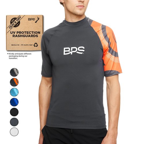 BPS Men's Short Sleeve Swim Shirt/Rash Guard with Sun Protection (Patterned Charcoal Orange, M)