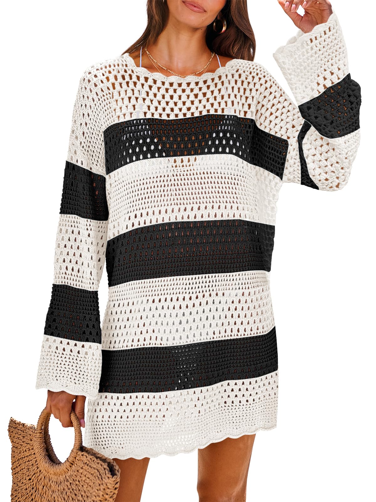 ANRABESS Women Swimsuit Crochet Swim Cover Up 2026 Summer Bathing Suit Swimwear Mesh Knit Beach Dress Vacation Outfits Black Whit Stripe X-Large