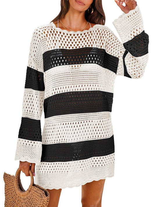 ANRABESS Women Swimsuit Crochet Swim Cover Up 2026 Summer Bathing Suit Swimwear Mesh Knit Beach Dress Vacation Outfits Black Whit Stripe X-Large