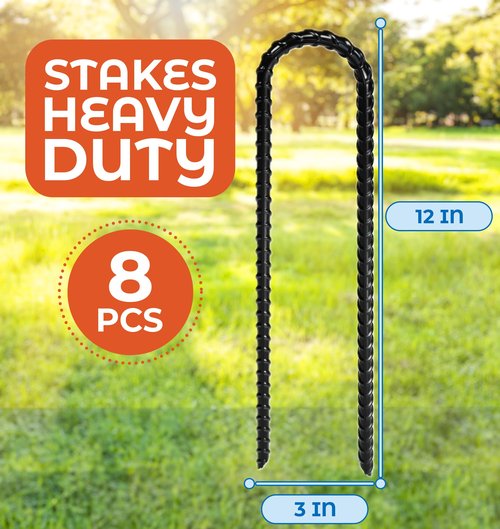 Happin® Ultra Strong Trampoline Stakes Anchors High Wind, Ground Anchors Heavy Duty, Trampoline Tie Down Anchor Kit, Ground Stakes Galvanized Steel, Trampoline Accessories, U Shaped (8 Pack, Black)