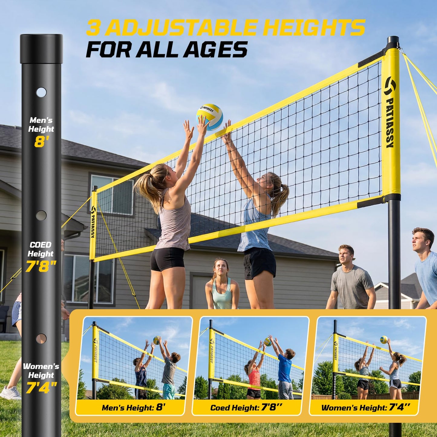 Outdoor Volleyball Net System, 32FT Regulation Size Anti-Sag Net, Quick Setup Adjustable Height Poles, Volleyball Set with Pump, Boundary Line and Carry Bag for Backyard Beach Lawn
