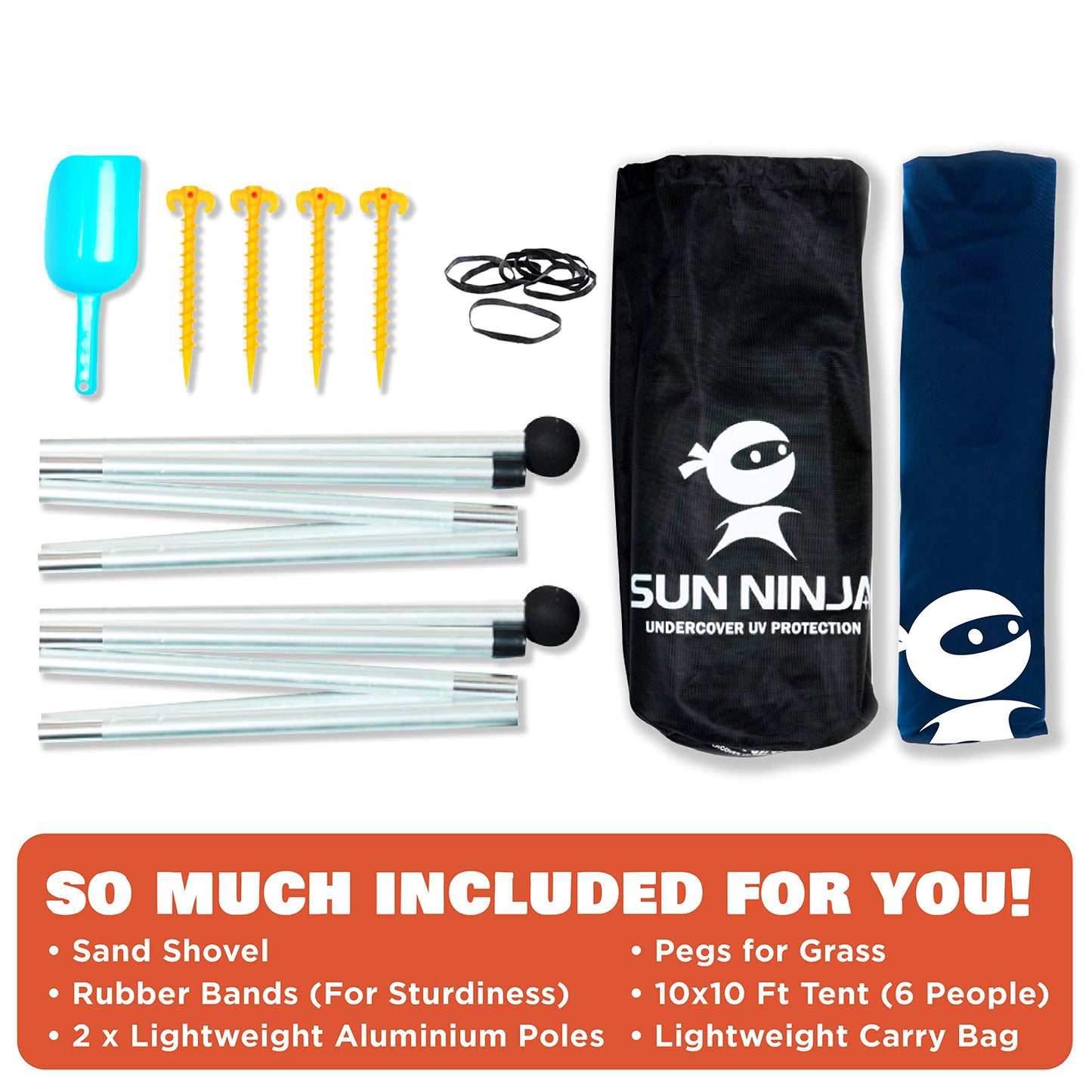 SUN NINJA Pop Up Beach Tent Sun Shelter UPF50+ with Sand Shovel, Ground Pegs and Stability Poles, Outdoor Shade for Camping Trips, Fishing, Backyard Fun or Picnics (10x10 FT 2 Pole, Navy)