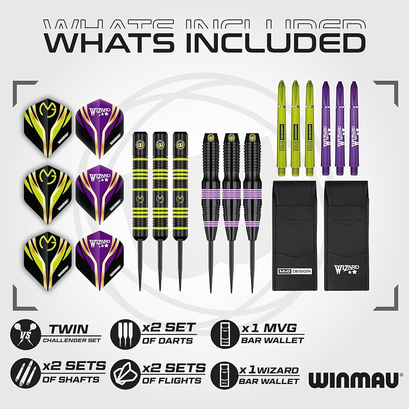 Darts Set - 22g Twin Barrel Golf Style with Flights, Shafts & Wallet – Dual Grip, MVG vs Wizard