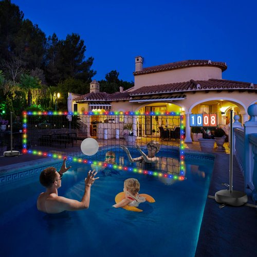 Oswerpon Upgraded Pool Volleyball Net with Scoreboard, Adjustable Height (4-7.5 FT) & Width Pool Volleyball Set, Portable Versatile Tennis Badminton Net with Water Base, LED Light for Indoor Outdoor