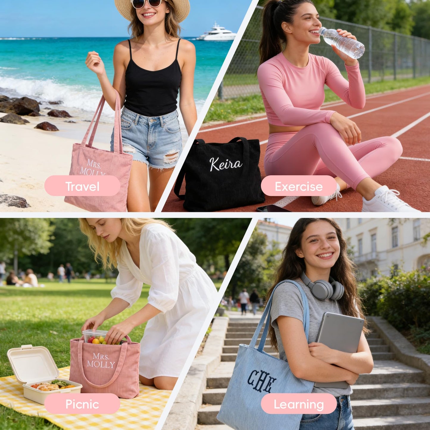 Corduroy Tote Bag for Women, Initial Tote Bag, Personalized Zipper Shoulder Bags Embroidered with Letter, Monogrammed Travel Handbags, Gift for Birthday, Bachelorette, Wedding Faver（Pink