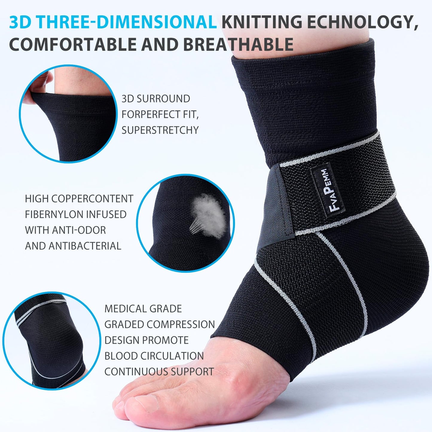 FvaPemm Copper Ankle Brace for Women Men-2 Pack Ankle Sleeve Compression Support for Sprained Ankle, Plantar Fasciitis Relief & Achilles Tendonitis Brace, Sports, Running, Black, XL