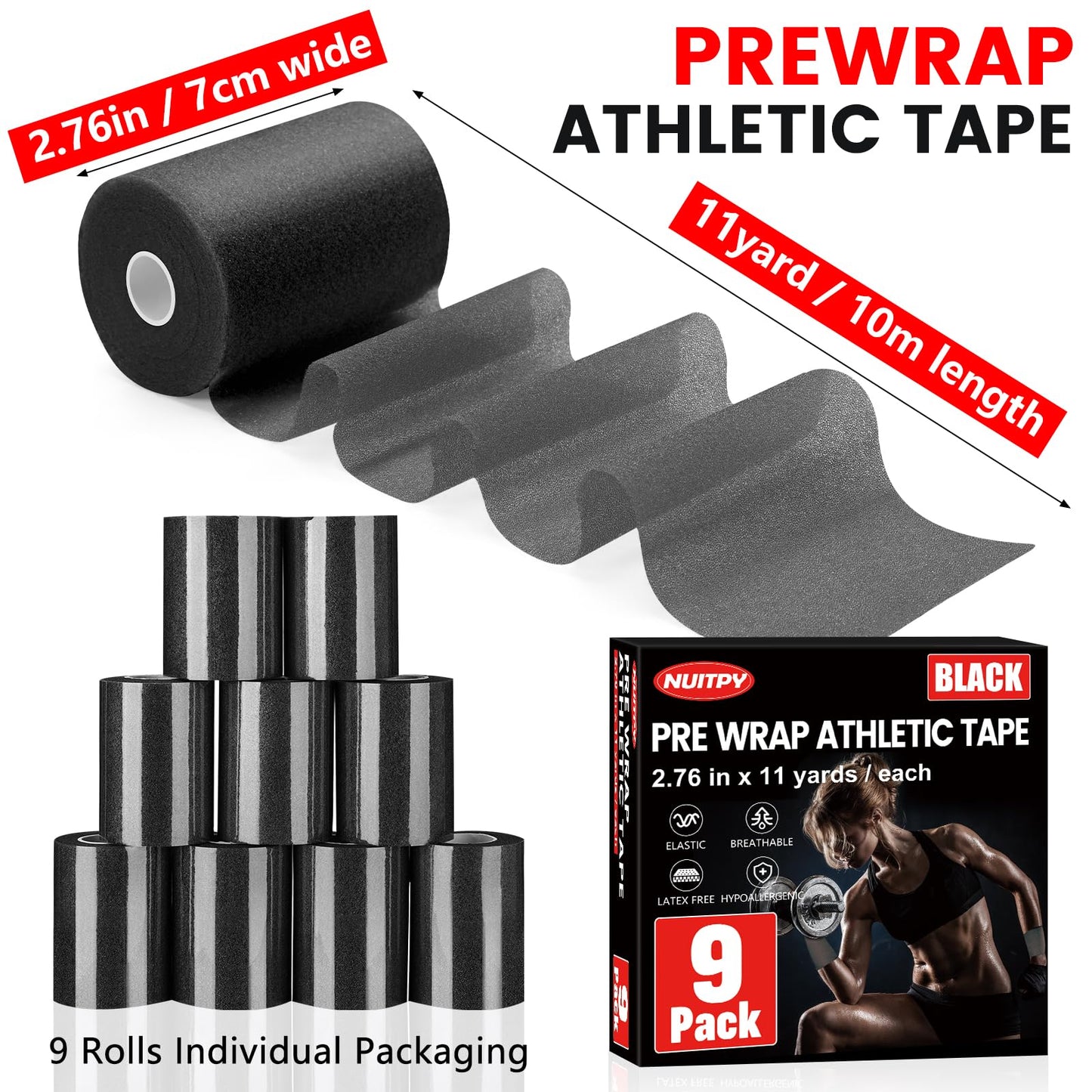 9 Pack Pre Wrap Athletic Tape, 2.76 Inch x 11 Yards Prewrap Tape for Hair Soccer, Pre Wrap Foam Underwrap Tape, Soccer Pre Wrap Tape, Prewrap Tape for Hair, Wrists, Hands, Ankles, Knees - Black