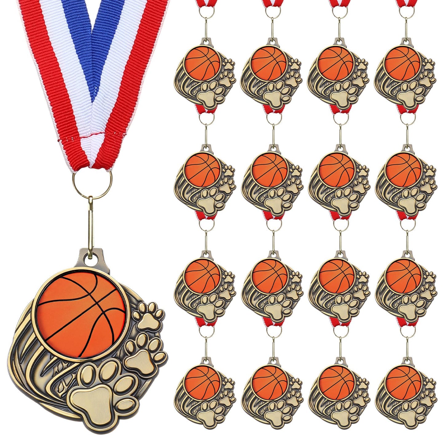 Trnayi 20 Pcs Basketball Paw Print Medals with Neck Ribbons 2'' Gold Medal for Awards Winner Encourage Team Participation for Kids Adults Trophy Award Prize Gift Team Competitions Party Favor Gifts