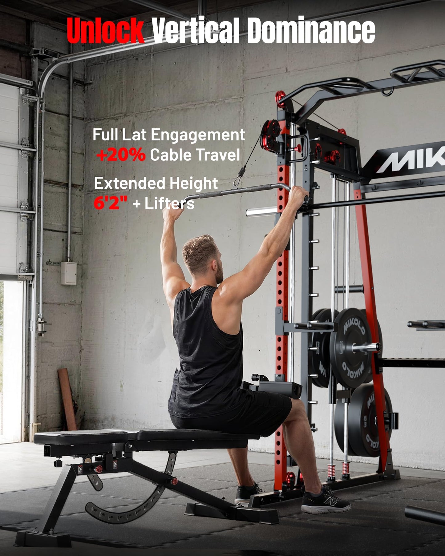 Mikolo M4 2.0 Ultra Smith Machine, Multi-Function Squat Rack with LAT-Pull Down System & Cable Crossover Machine, Training Equipment with Leg Hold-Down Attachment, Red