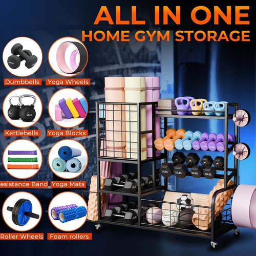 XXL Dumbbell Rack Weight Stand - 4-Tier Adjustable Heavy Duty Weight Rack for Dumbbells, Home Gym Storage Rack for Kettlebell, Balls,Yoga Mat Holder, Workout Equipment Storage Organizer with Wheels