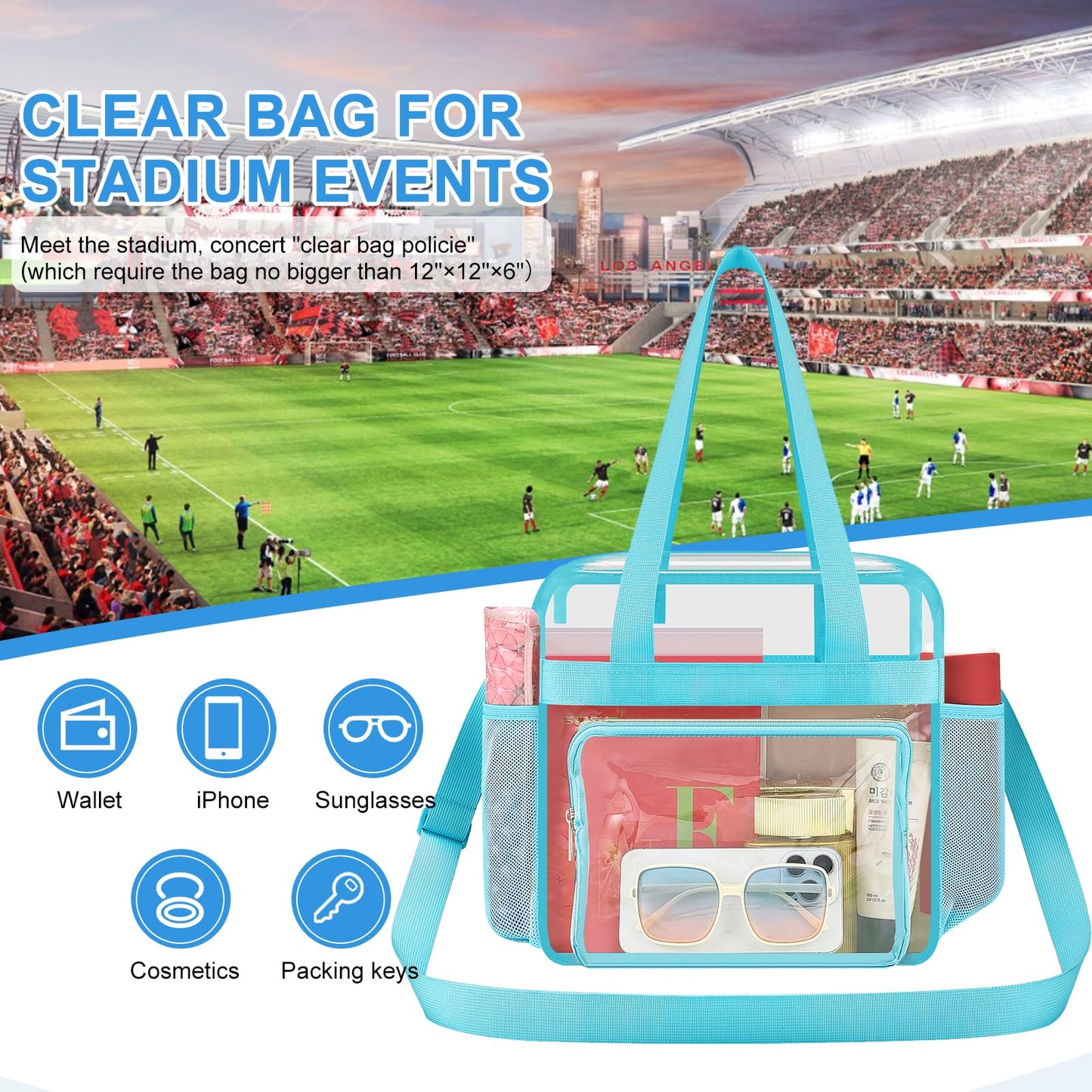 Busiuw Clear Bag for Stadium Events, Stadium Approved 12x12x6 Clear Tote Bag with Reinforced Straps for Sport Fan, Work Concert Travel(Aqua)