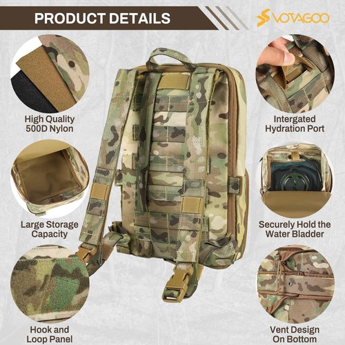 VOTAGOO GEAR Tactical Hydration Pack for 2L Hydration Water Bladder, Molle Flatpack Assault Pack with Straps, 500D Nylon Expandable Backpack for Quick-Detach Chest Rig and Tactical Vest