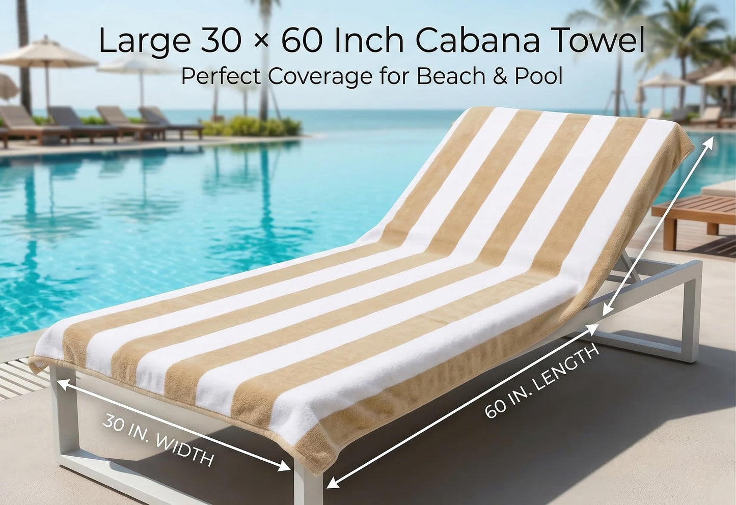 9Threads Premium Velour Cabana Beach Towel 2 Pack, 30” x 60” Soft Plush Cotton Pool Towel, Absorbent Quick Dry Towel for Beach and Pool (White Beige)