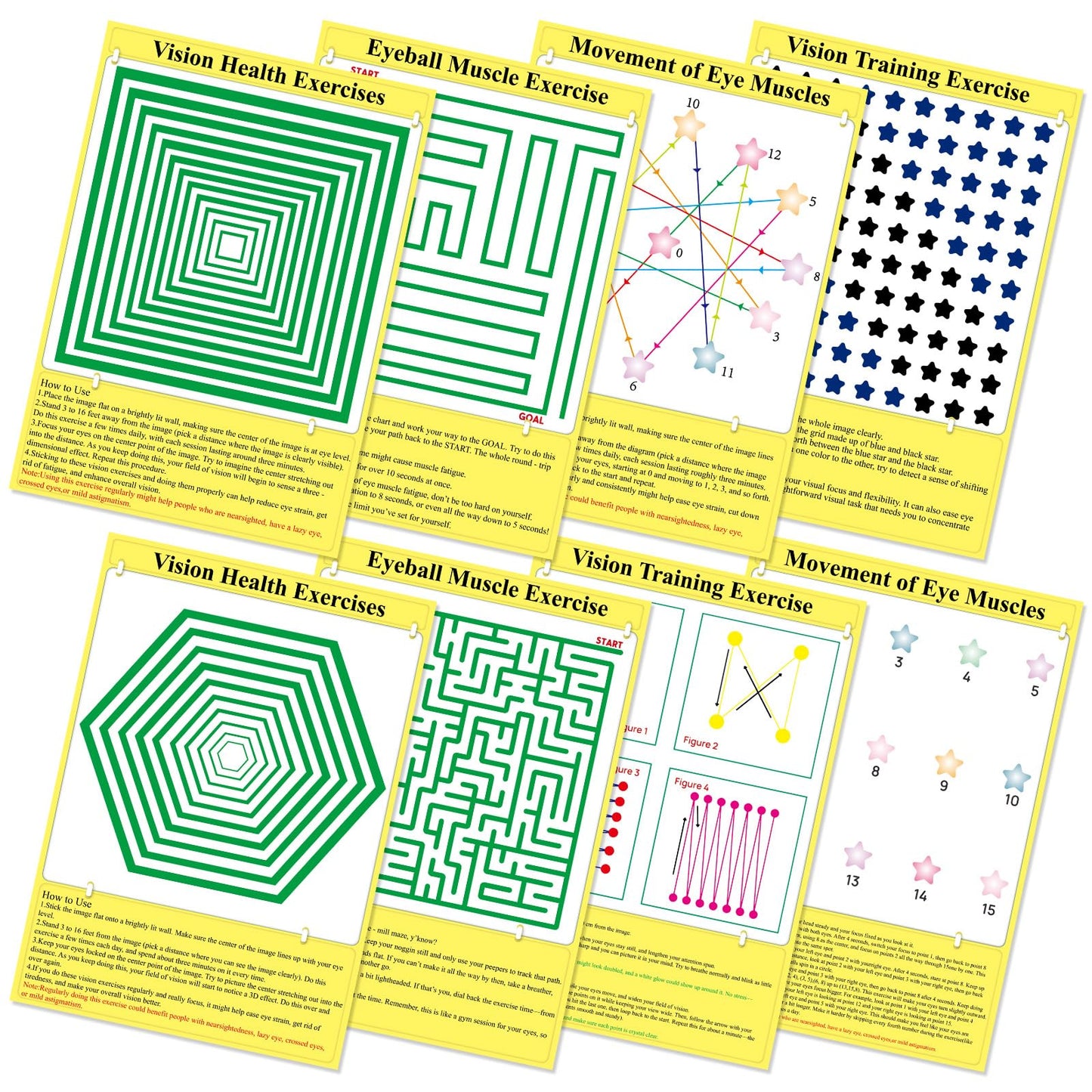 8 Pack Eye Exercise Chart- Visual Muscle Relaxation Chart Eye Fatigue Relief Eye Training Posters Eyes Strain Vision Therapy 3D Visual Stimulation Wall Art for Home School Classroom Office Desk Signs