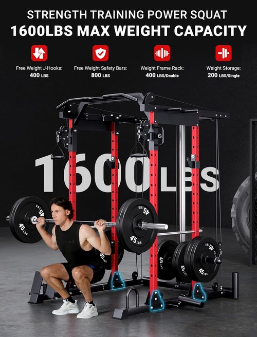 YOLEO Smooth Dual Pulley System Power Cage, 1600LBS Adjustable Cable Crossover Power Rack, Multi-Functional Squat Rack for Home Gym with More Training Attachment (Power Cage)
