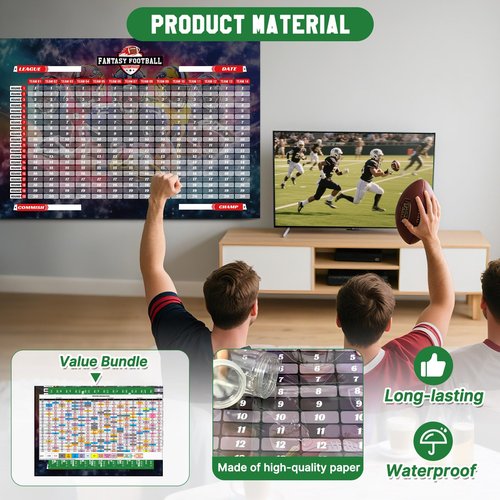 OCQOTAT Fantasy Football Draft Board 2025-2026,5.0x3.5 FT 14-Team 20-Round Kit with 550+ Player Labels,2025 Top Rookies, Blank Labels&Schedule Board–Ultimate Draft Board for Fantasy Football Season