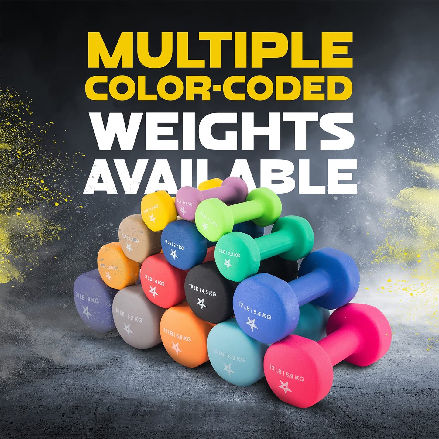 Yes4All Neoprene Coated Dumbbell Hand Weight Sets of 2 - Multiple Weight Options with 15 Colors, Anti-roll, Anti-Slip, Hexagon Shape, Yellow, 4 lb Pair