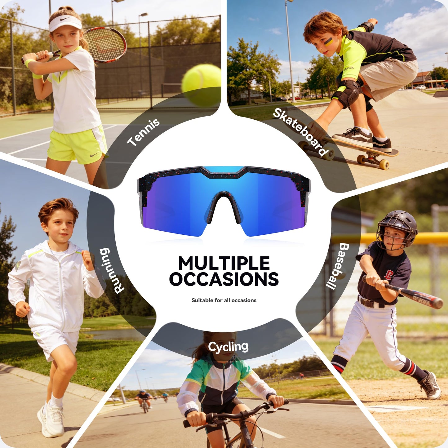 RSQQAV Kids Sunglasses Youth Baseball Sun Glasses for Boys Girls Cycling Sports UV Protection Goggles Ages 6-12