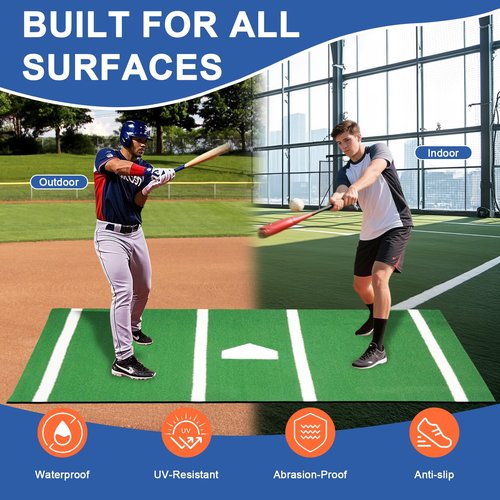 Baseball Batting Mat 6'x4' Anti-Fade Baseball Hitting Mat Softball Training Matt with Home Plate Batters Box Turf Mat Outdoor Indoor Batting Stance Practice Matt, Green