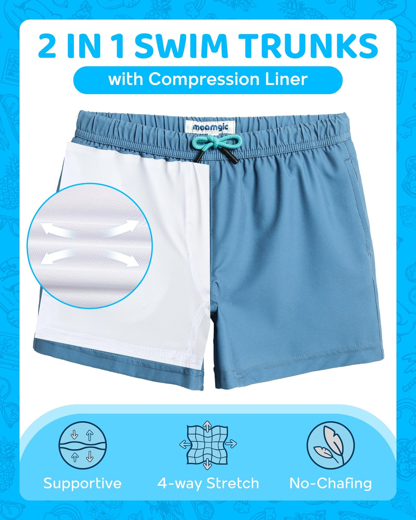 maamgic Boys Swim Trunks with Compression Liner 4-Way Stretch Quick Dry Swim Shorts Swimming Trunks Toddler Boy Haze Blue White 3T