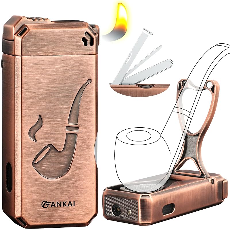 Bronze Pipe Lighter with Built-In Stand, 3-in-1 Cleaning Tools, Refillable Gas Lighter