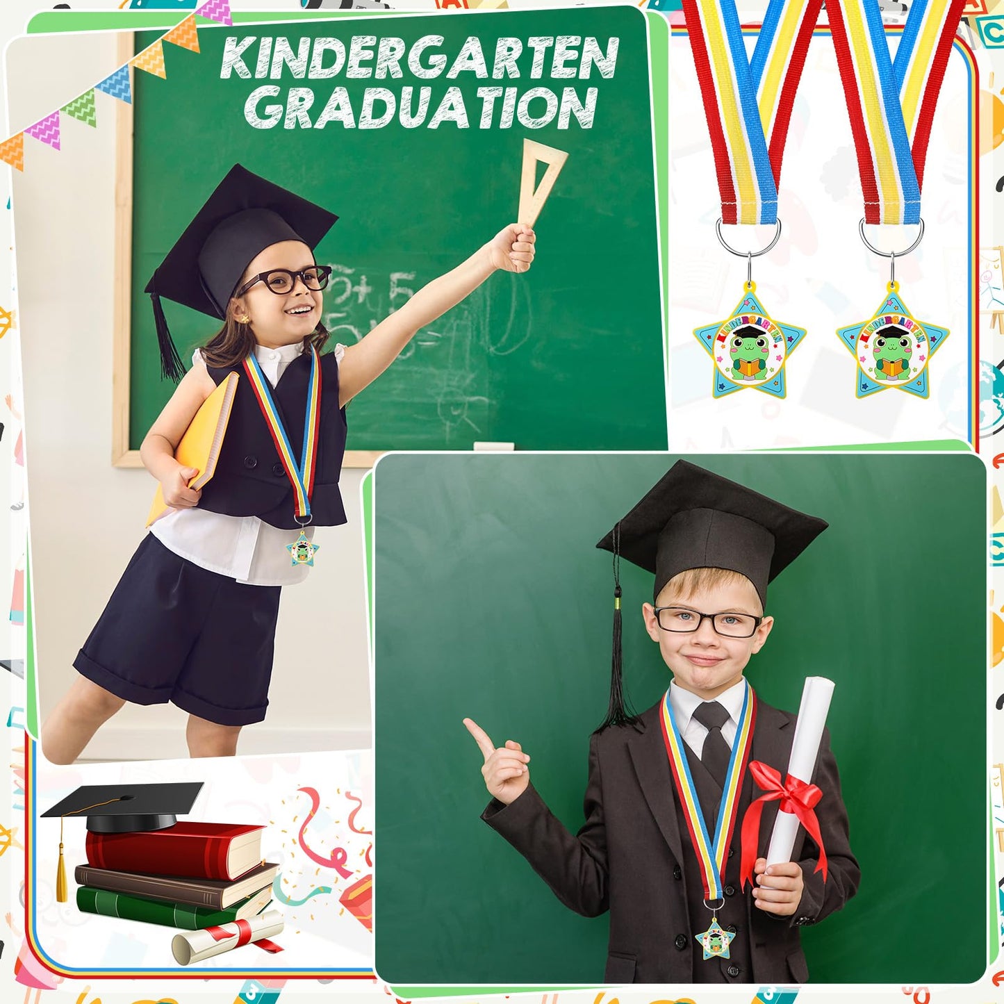 Landical 6 Pcs Preschool Pre-k Graduation Medal for Kids Bulk with Rainbow Neck Ribbon Kindergarten Grad Award Medals for School Students Grad Gifts Party Decorations(Frog)