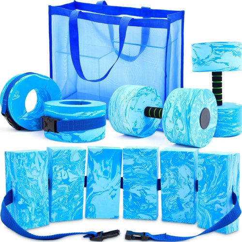 WinnerWhy 6 Pcs Aquatic Exercise Set Water Aerobics Set with Large Mesh Beach Bag Pool Fitness Equipment Foam Water Dumbbell Ankle Swimming Weight Aquatic Swim Belt for Exercise Weight Loss(Blue)