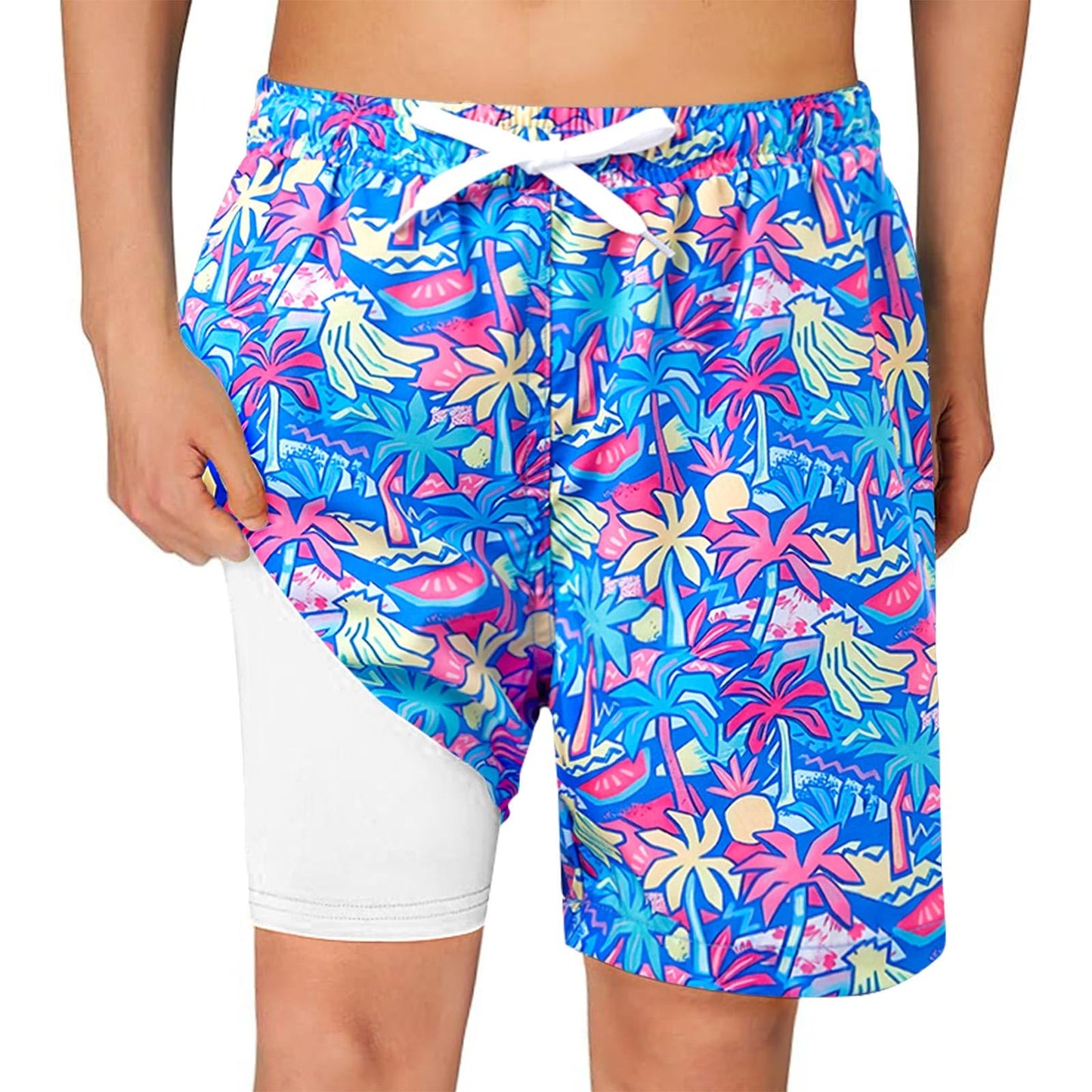 Haloumoning Boys Swim Trunks with Compression Liner Kids Drawstring Bathing Suit Quick Dry Swim Shorts 5-14 Years Pink