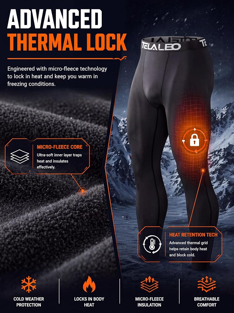 Thermal Compression Pants for Men — Fleece Lined Long Johns, 4 or 5 Pack, TELALEO (5black, Large) Variation