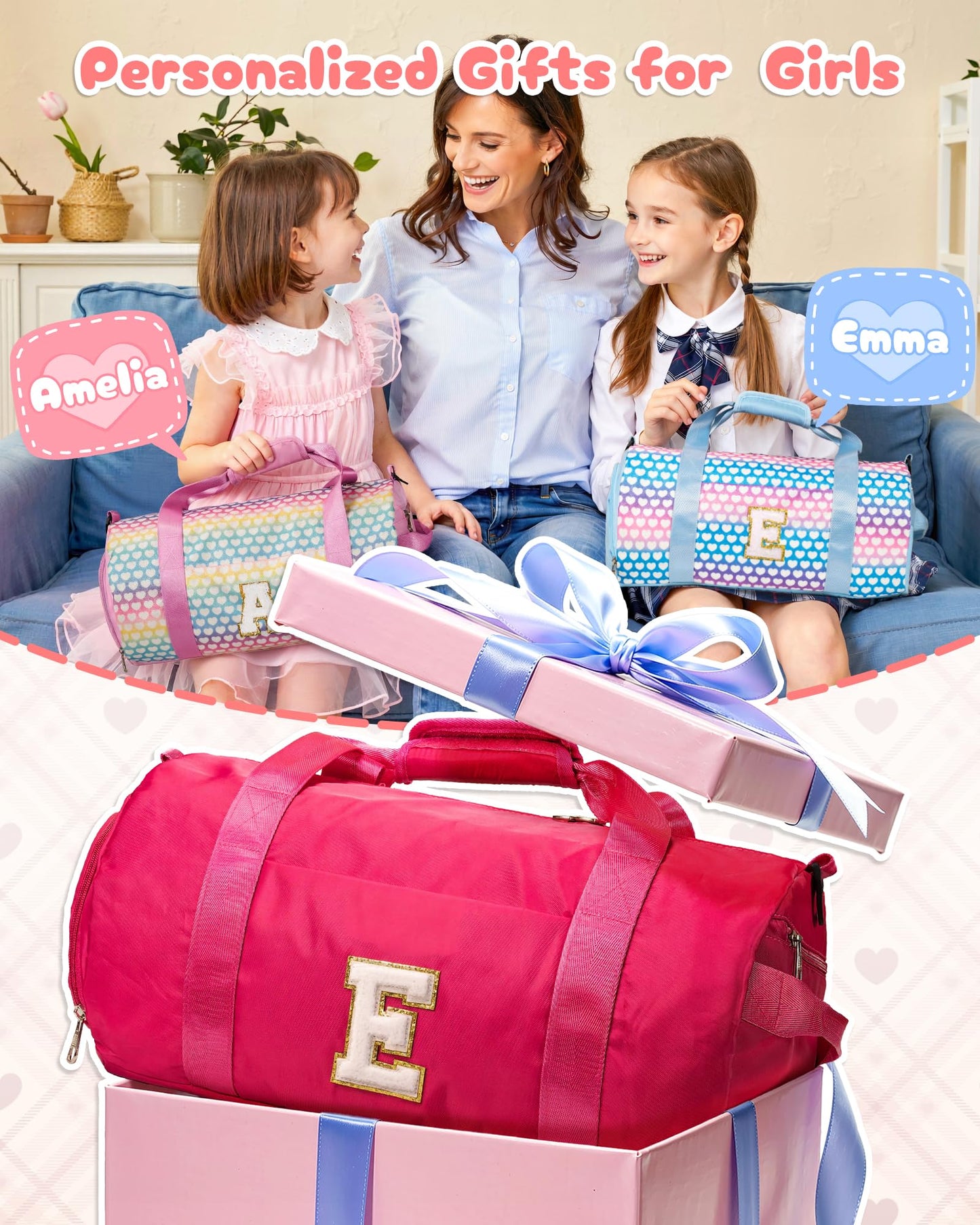 Vogewood Cheer Gifts, Girls Travel Duffle Bag with Makeup Pouch, Initial Kids Overnight Weekend Bag with Shoe Compartment, Personalized Birthday Gift for Daughter (Letter E)