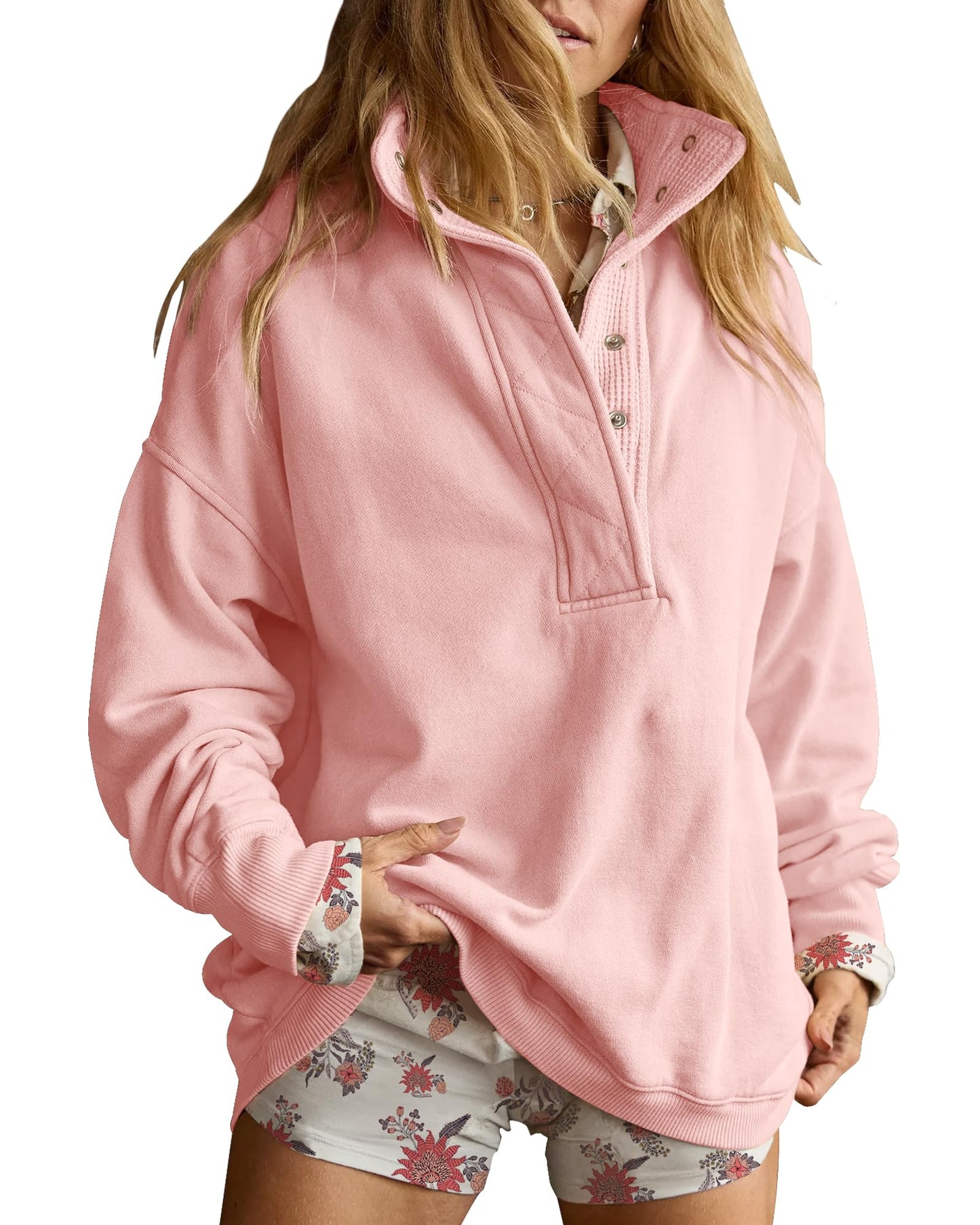 Gacaky Sweatshirt for Women Oversized Casual Long Sleeve Button Henley Neck Pullover Tops Fashion Outfits Clothes Pink X-Large