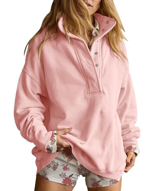 Gacaky Sweatshirt for Women Oversized Casual Long Sleeve Button Henley Neck Pullover Tops Fashion Outfits Clothes Pink L