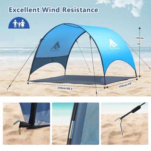 Beach Tent - Beach Shade Canopy Compact Fold (16.9x3.9″), Own Patent, 360° Ventilation, Large Side Storage Pocket, UV Protection Portable Sun Shelter for Beach (Blue, 90.5 * 59 * 53″)